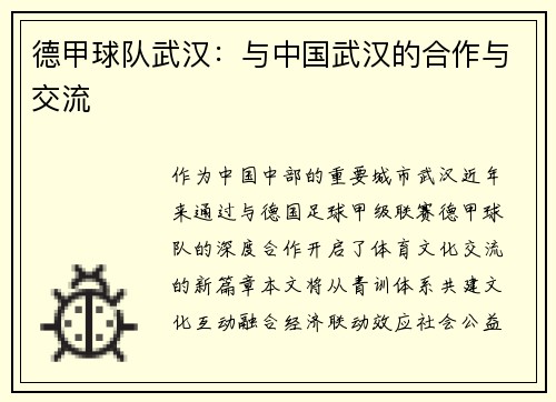 德甲球队武汉：与中国武汉的合作与交流
