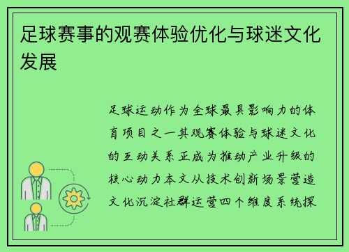 足球赛事的观赛体验优化与球迷文化发展