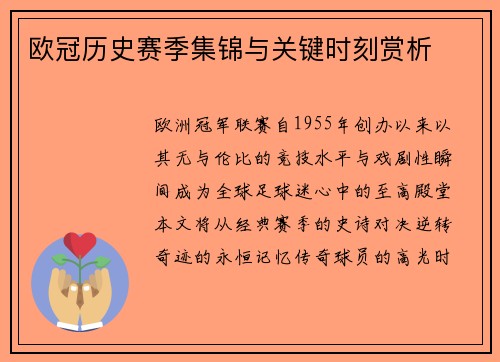 欧冠历史赛季集锦与关键时刻赏析